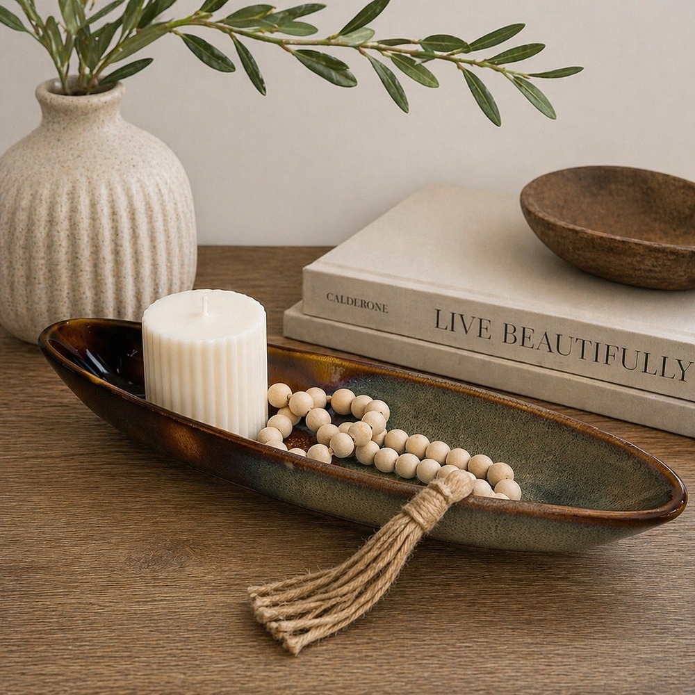 Abode Pottery Olive Tray Stoneware 14in Brown Tortoise Shell Earthy Granola Boho